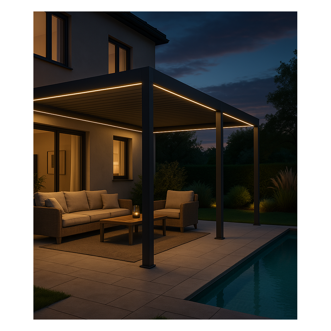 Aranżacja automatycznej pergoli przyściennej z oświetleniem led elegance wall 