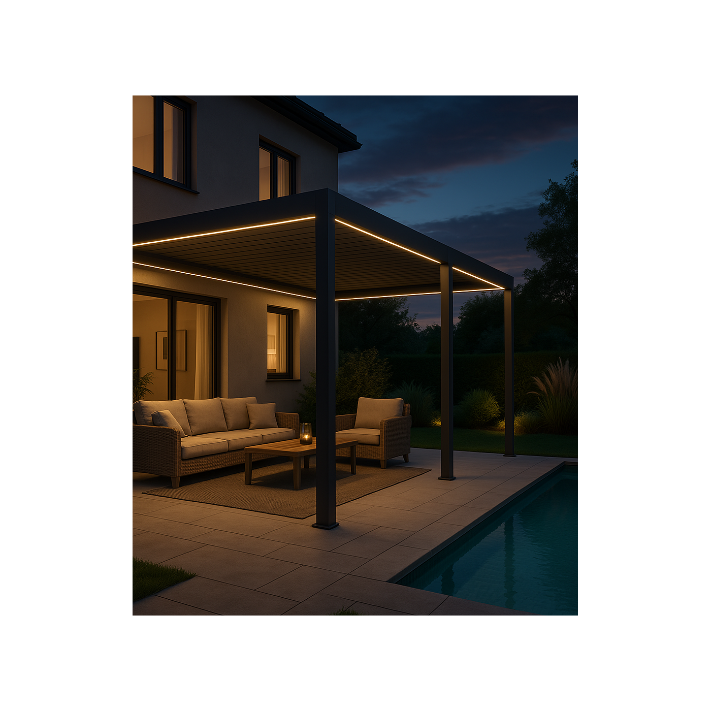 Aranżacja automatycznej pergoli przyściennej z oświetleniem LED elegance wall