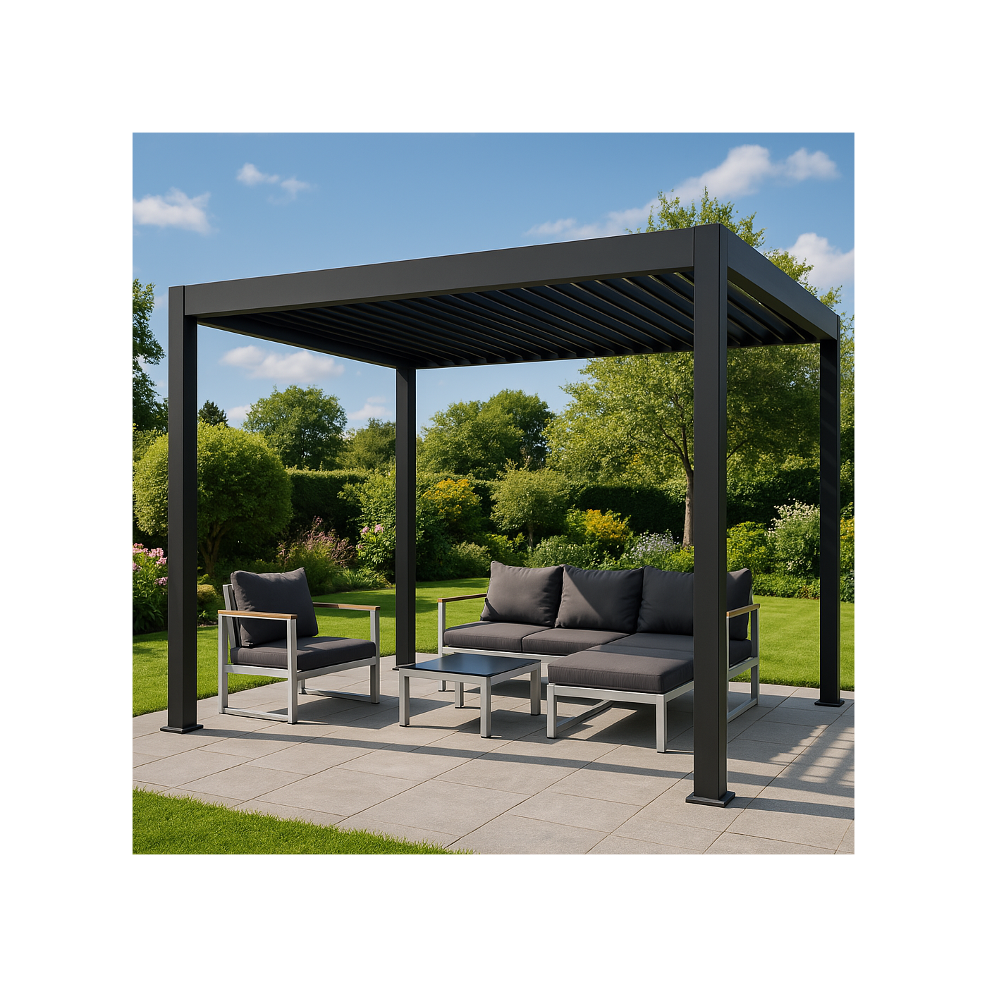 Aranżacja pergoli tarasowej DELUXE 3,6x4 Anthracite - Gutroof 