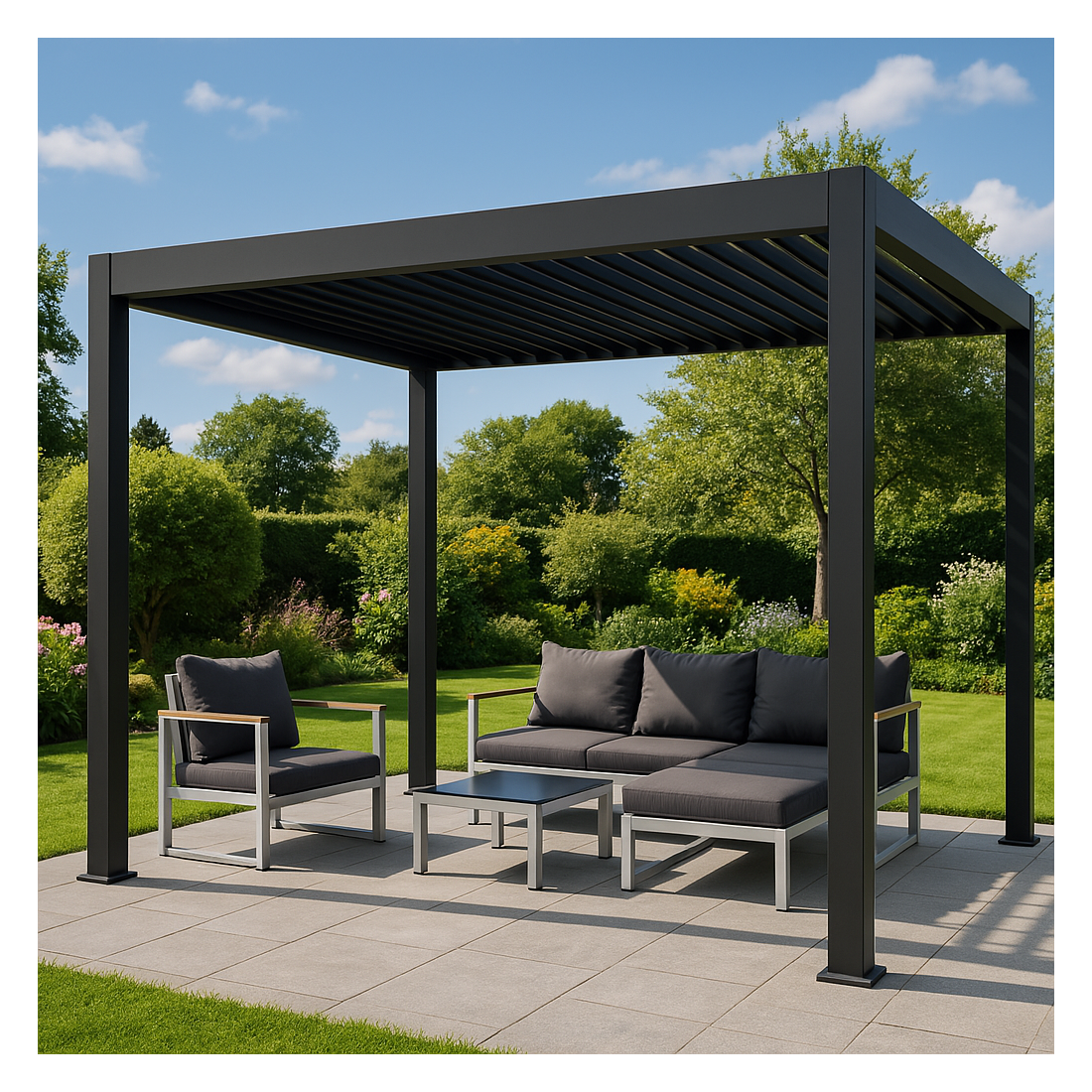 Aranżacja pergoli tarasowej DELUXE 3,6x4 Anthracite - Gutroof 