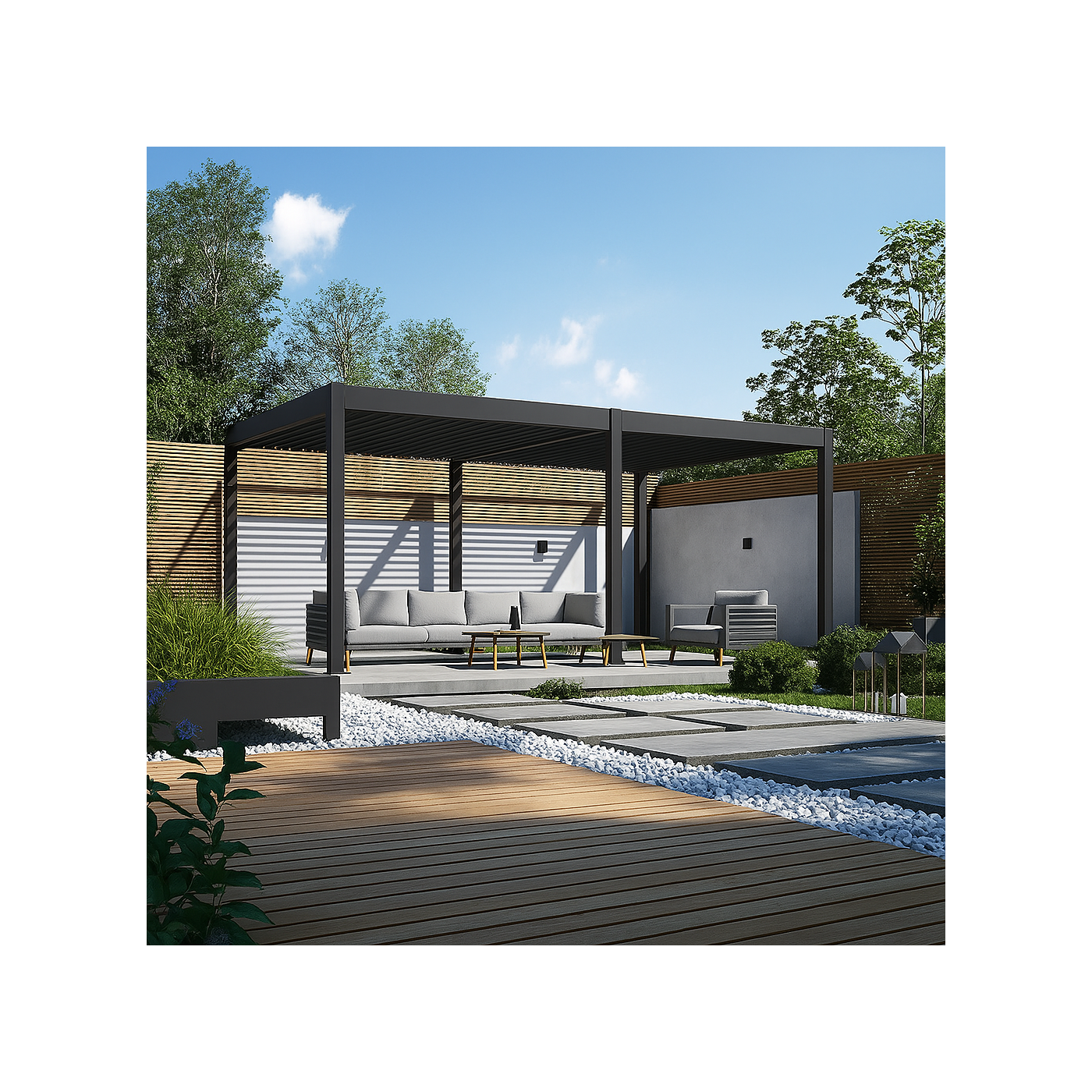 Aranżacja pergoli tarasowej DELUXE w ogrodzie 