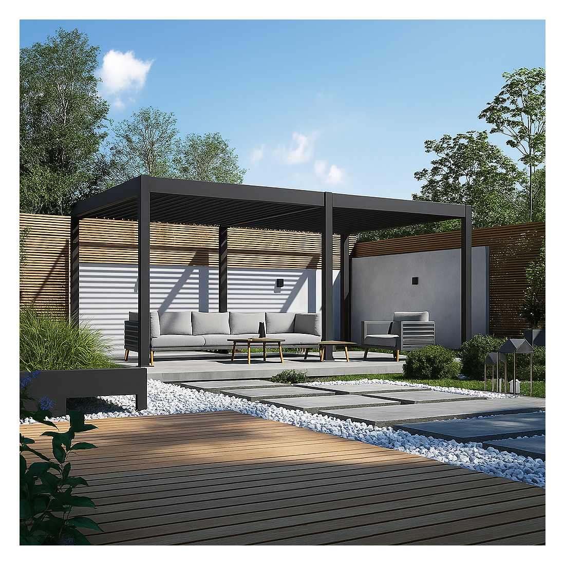 Aranżacja pergoli tarasowej DELUXE w ogrodzie 