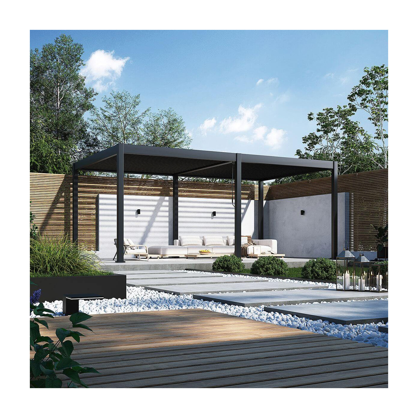 antracytowa pergola deluxe 3.6x6 stojąca na tarasie w słoneczny dzień