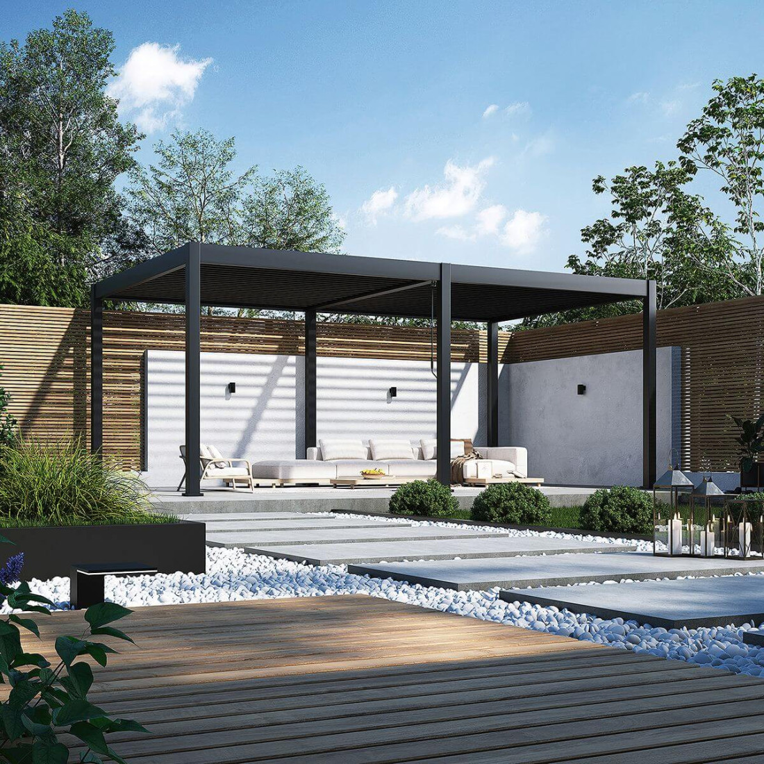 antracytowa pergola deluxe 3.6x6 stojąca na tarasie w słoneczny dzień