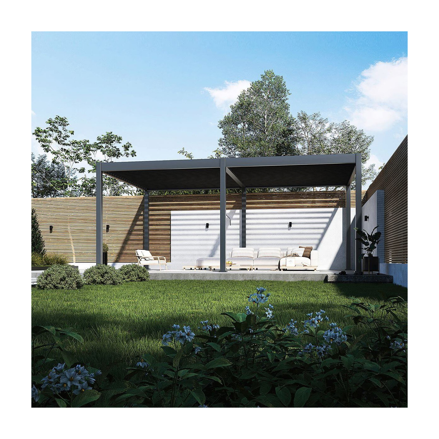 antracytowa pergola tarasowa deluxe na tarasie w słoneczny dzień