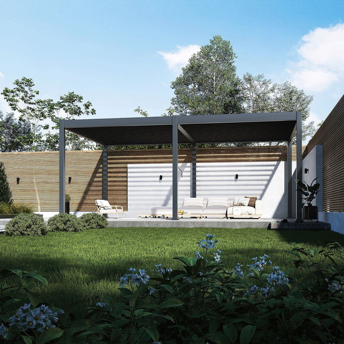 antracytowa pergola tarasowa deluxe na tarasie w słoneczny dzień