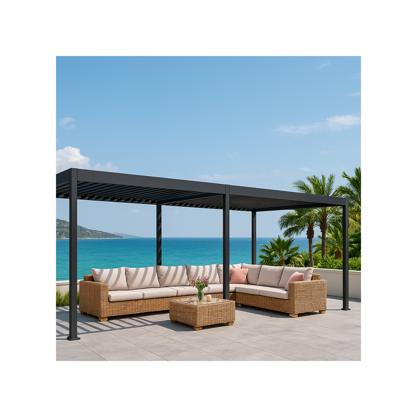 Aranżacja pergoli tarasowej Deluxe w ogrodzie