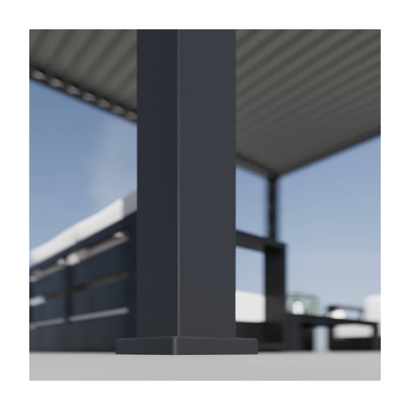 Zbliżenie na podstawę nogi pergoli tarasowej Deluxe