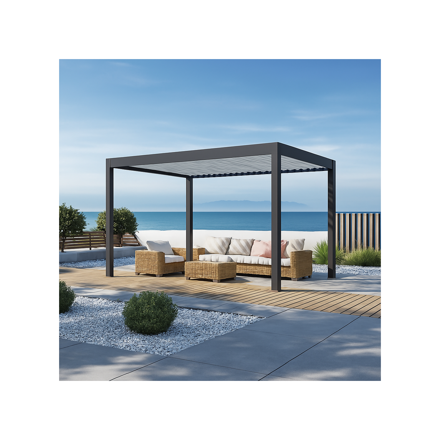 Aranżacja pergoli elektrycznej tarasowej 3x4m z oświetleniem Led antracytowa/jasnoszara Gutroof
