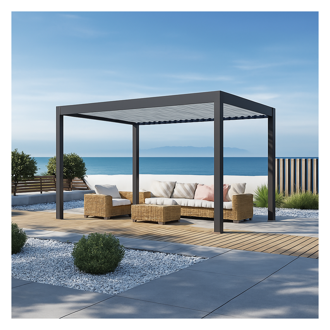 Aranżacja pergoli elektrycznej tarasowej 3x4m z oświetleniem Led antracytowa/jasnoszara Gutroof