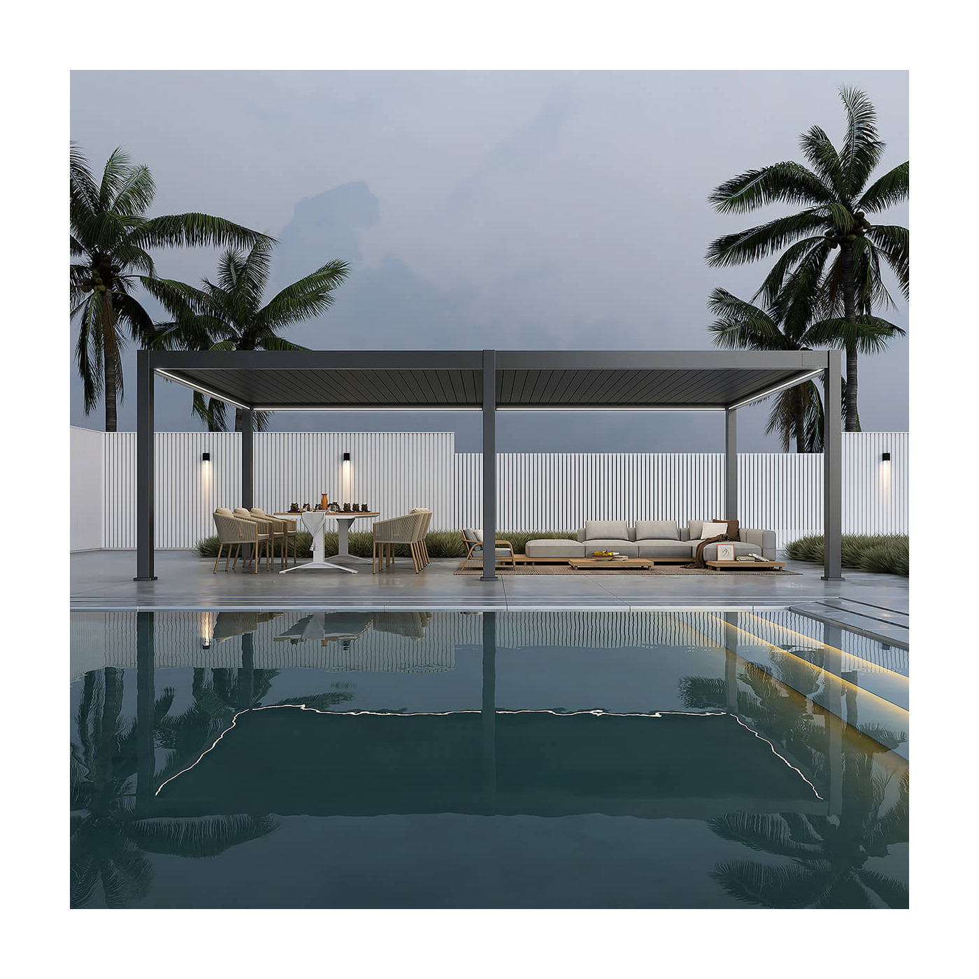 aranżacja pergoli w ogrodzie przy basenie