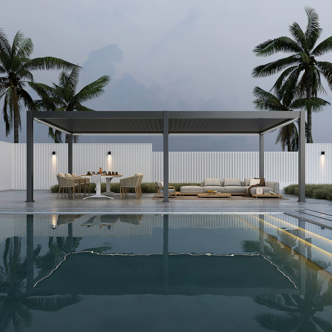 aranżacja pergoli w ogrodzie przy basenie