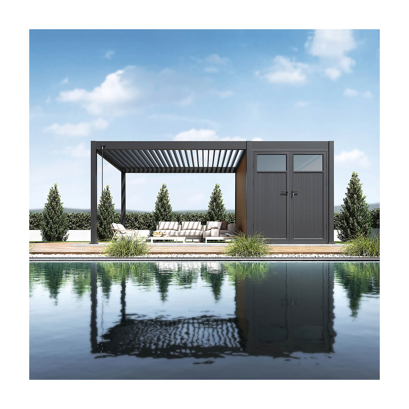 Aranżacja ogrodowa z pergolą tarasową Fusion