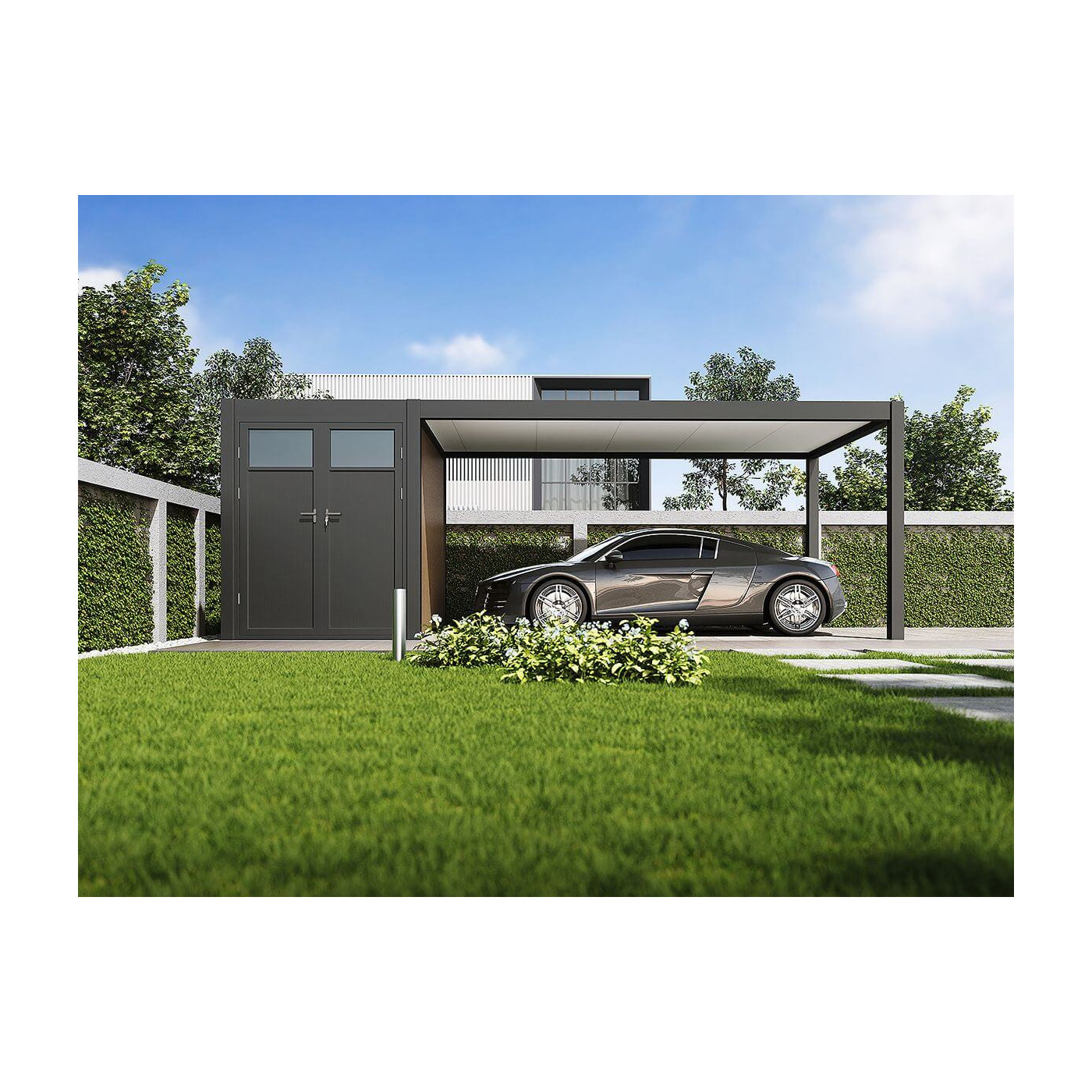 Aranżacji wiaty garażowej superior w kolorze antracytowym na tarasie