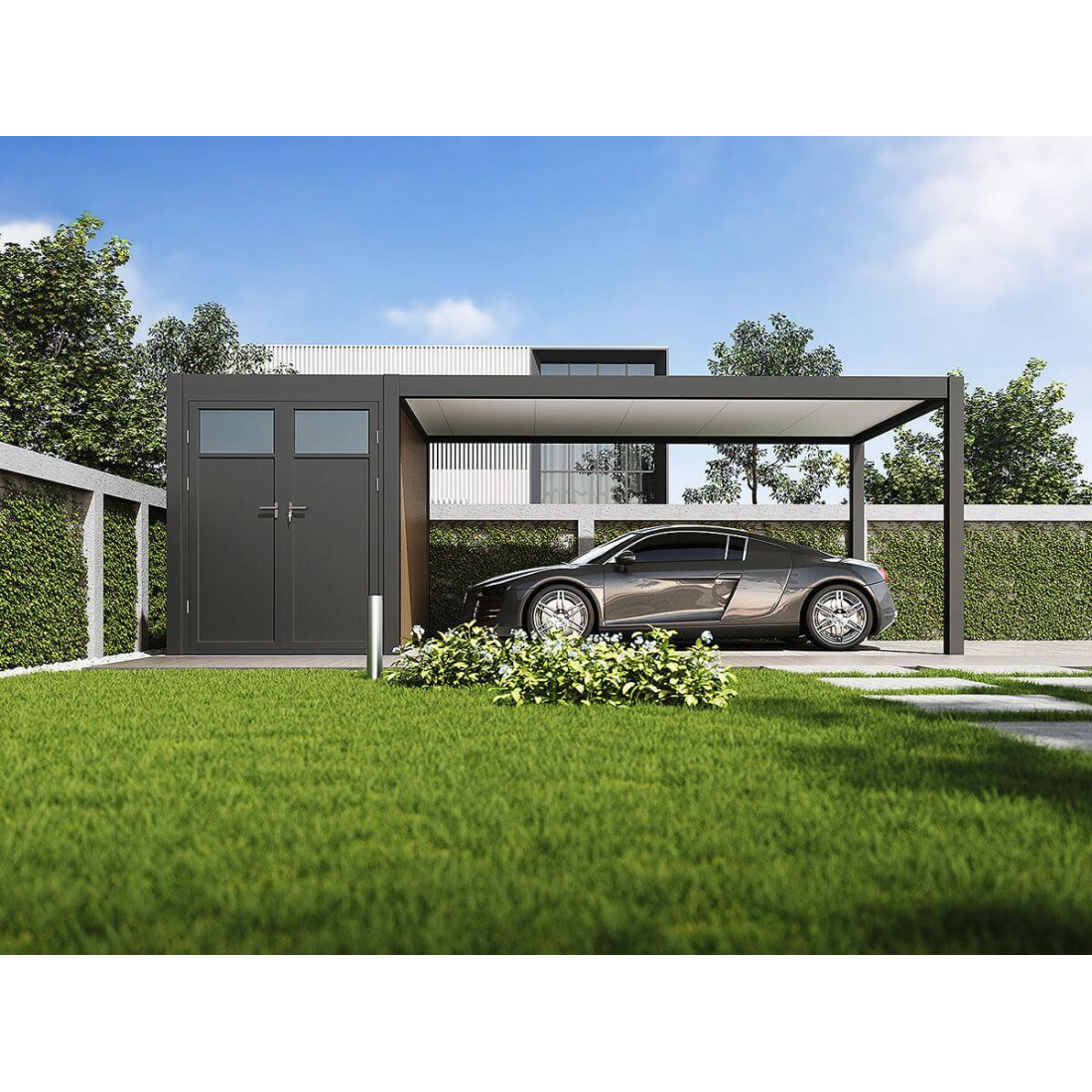 Aranżacji wiaty garażowej superior w kolorze antracytowym na tarasie