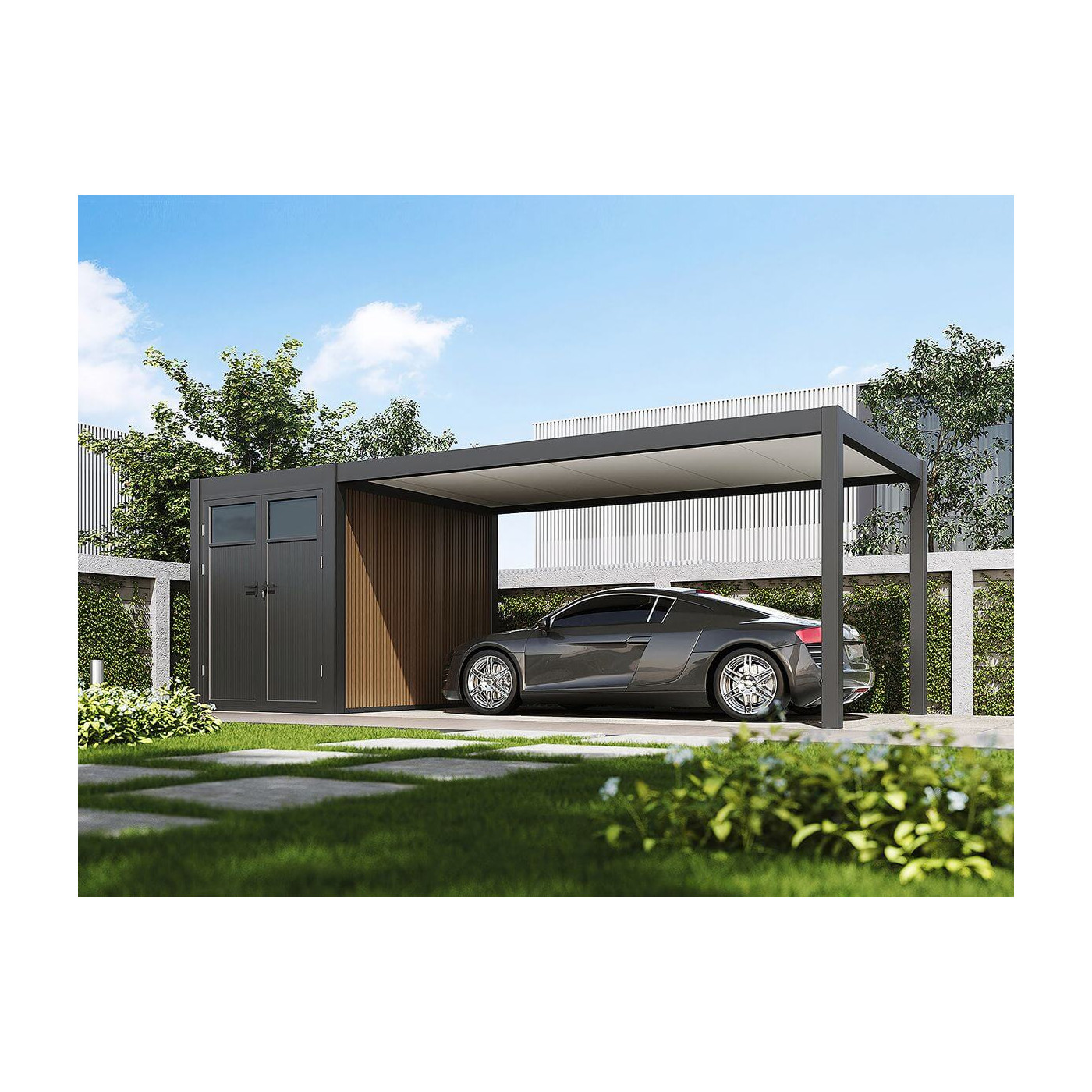 Zaparkowany samochód pod wiatą garażową superior o wymiarach 5.3x3 i kolorze antracytowym