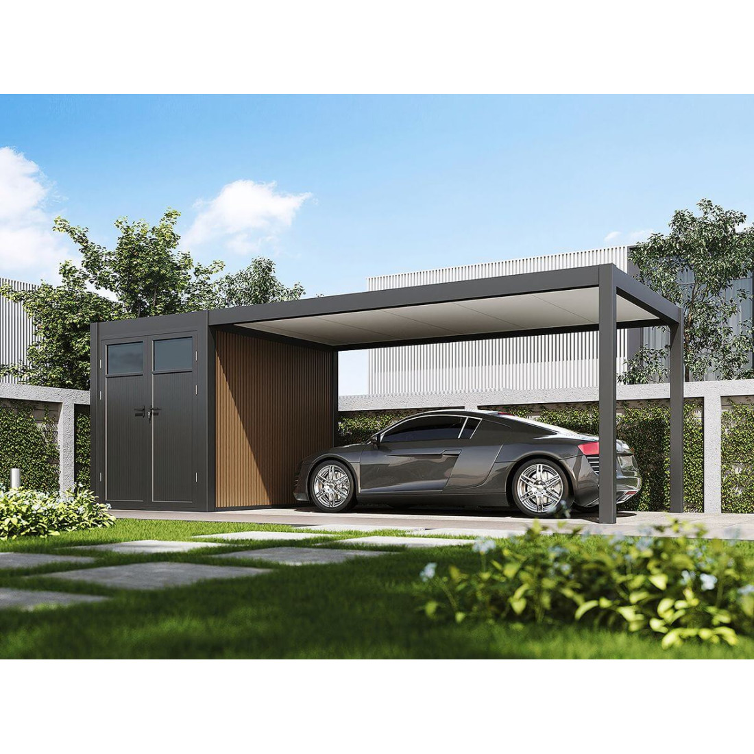 Zaparkowany samochód pod wiatą garażową superior o wymiarach 5.3x3 i kolorze antracytowym
