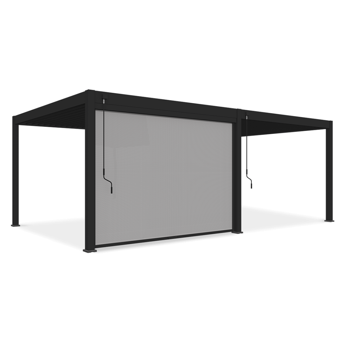 opuszczona antracytowa roleta zamontowana na pergoli