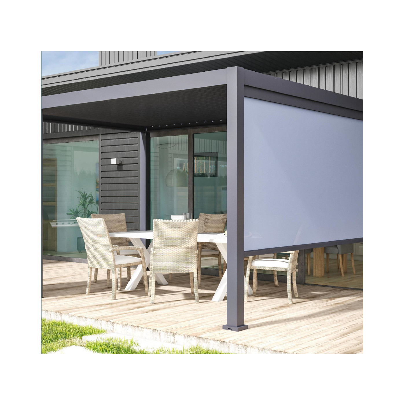 Aranżacja rolety przeznaczonej do pergol antracytowych elegance,deluxe,fusion o szerokości 4m  