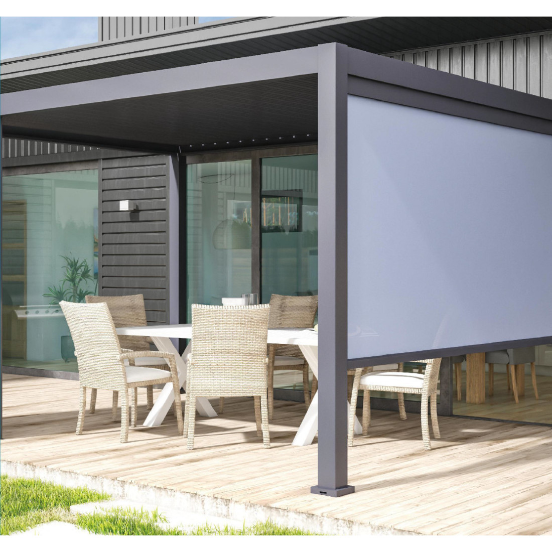 Aranżacja rolety przeznaczonej do pergol antracytowych elegance,deluxe,fusion o szerokości 4m  