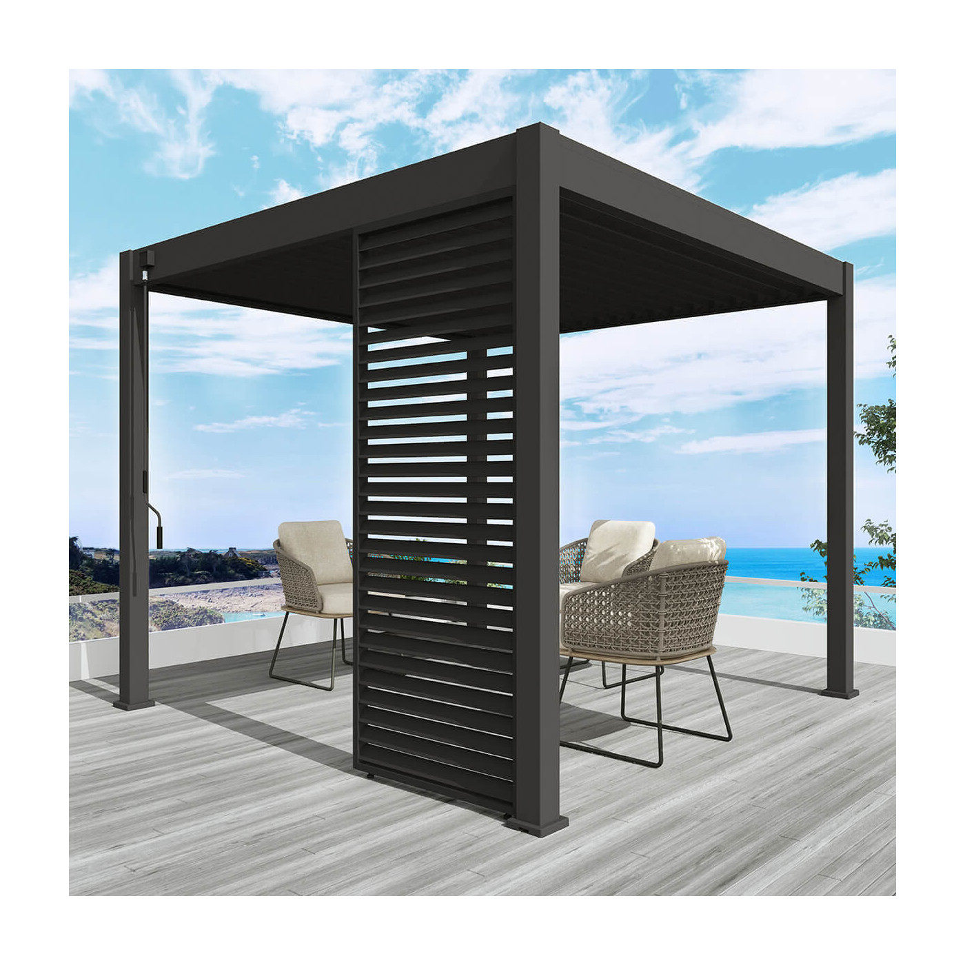 pojedynczy antracytowy panel żaluzjowy poziomy przymocowany do pergoli 