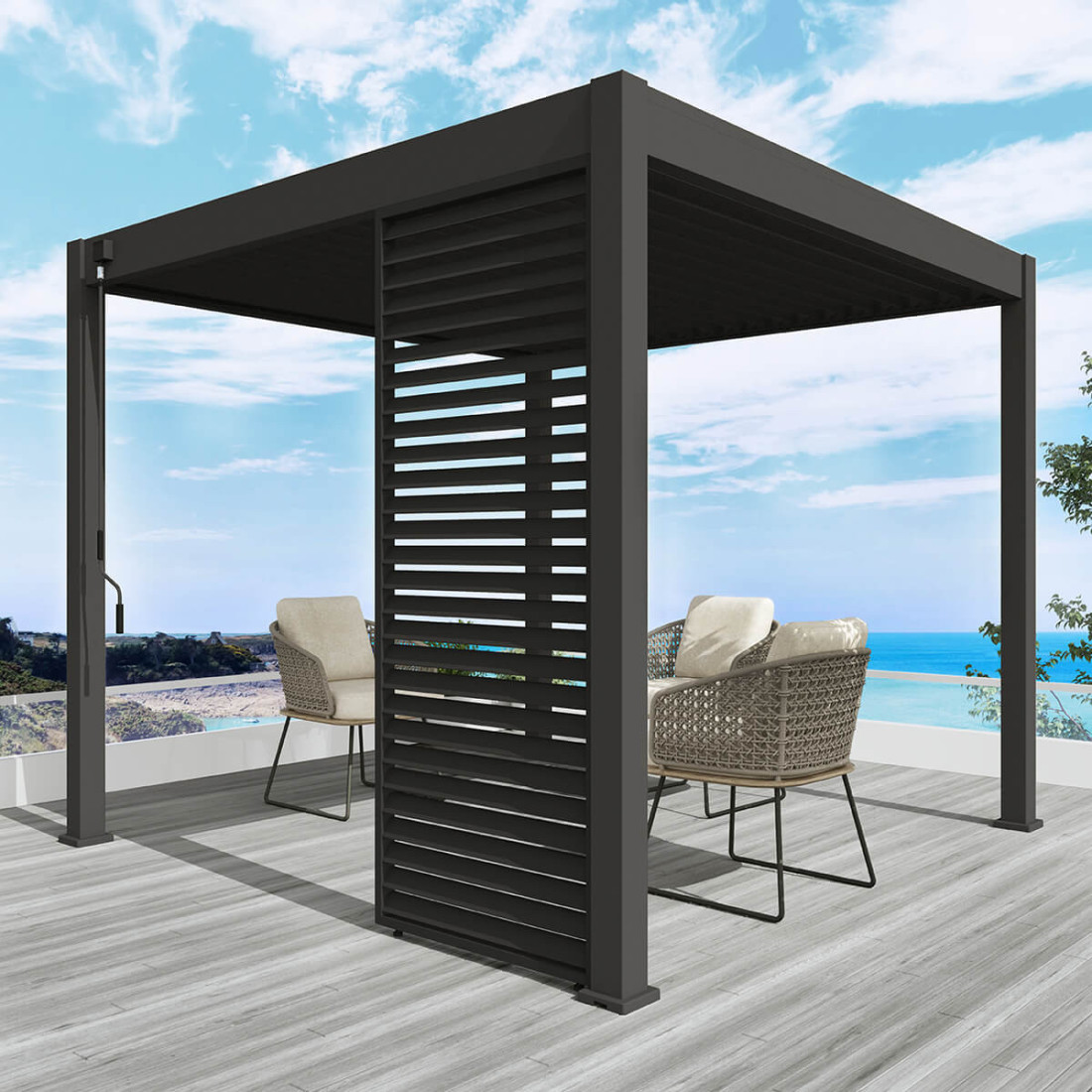 pojedynczy antracytowy panel żaluzjowy poziomy przymocowany do pergoli 