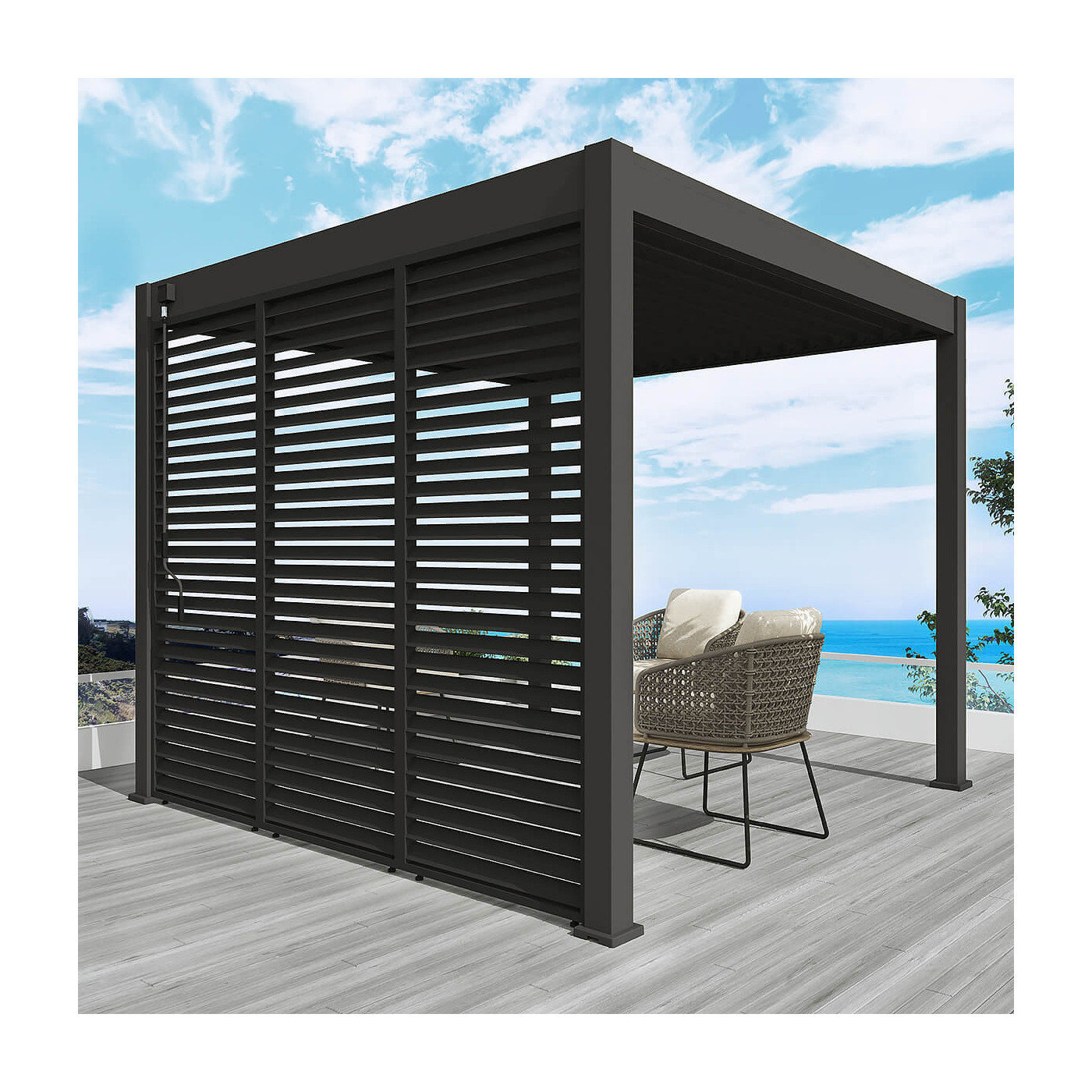 trzy panele żaluzjowe 1m w kolorze antracytowym przysłaniają jedną z ścian pergoli
