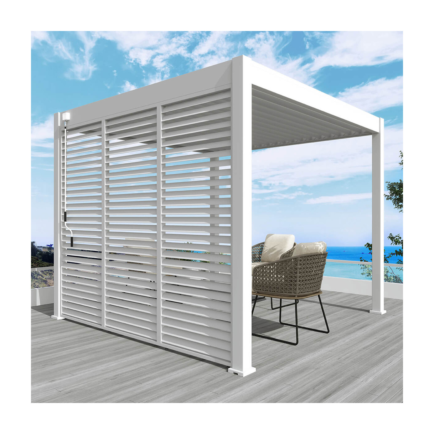 trzy panele żaluzjowe poziome zamontowane do białej pergoli 