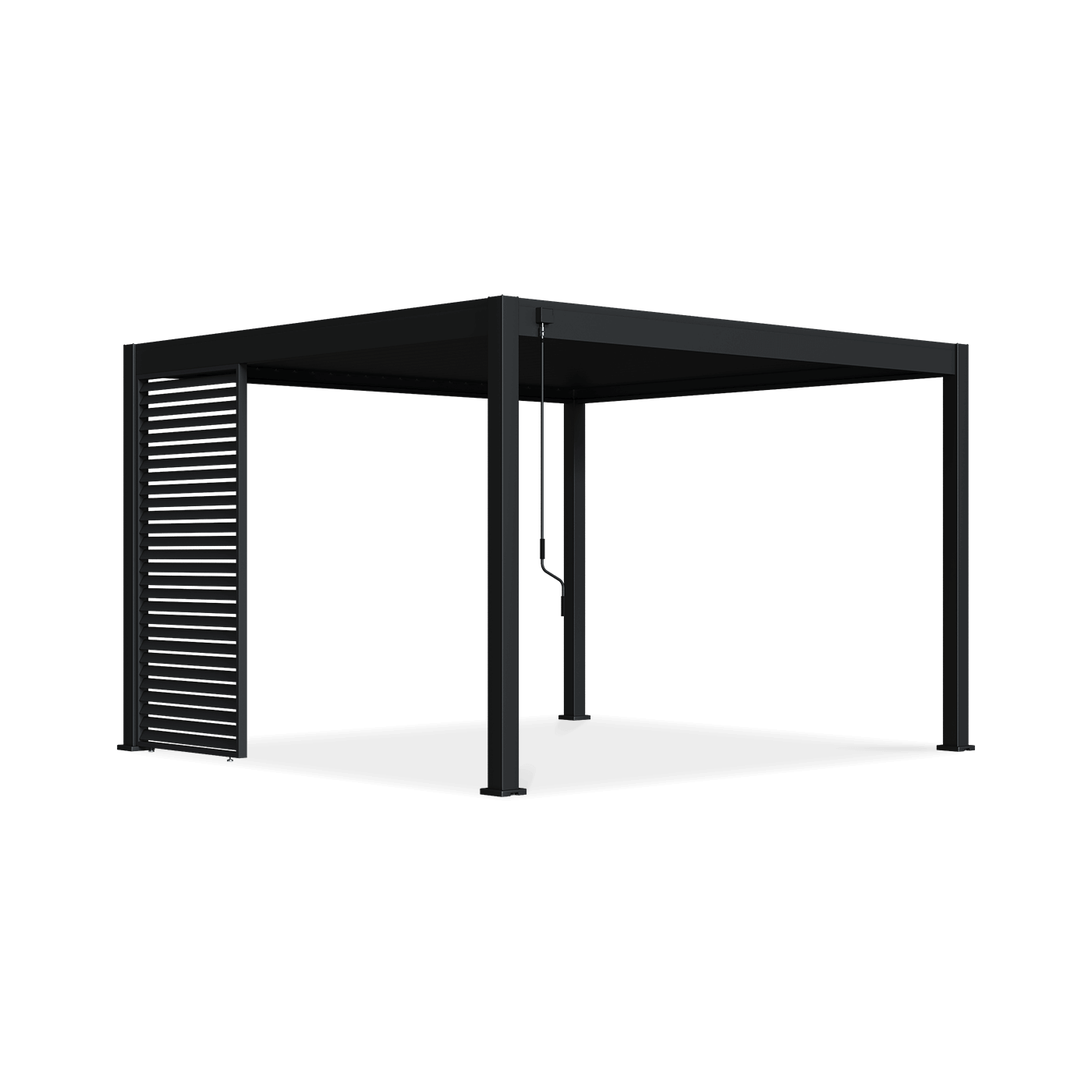 Pojedynczy antracytowy panel żaluzjowy poziomy przymocowany do pergoli 