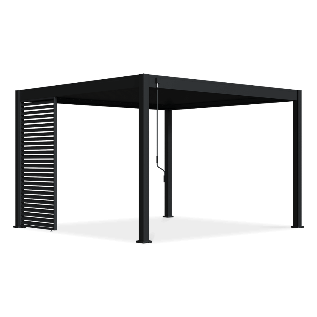 Pojedynczy antracytowy panel żaluzjowy poziomy przymocowany do pergoli 