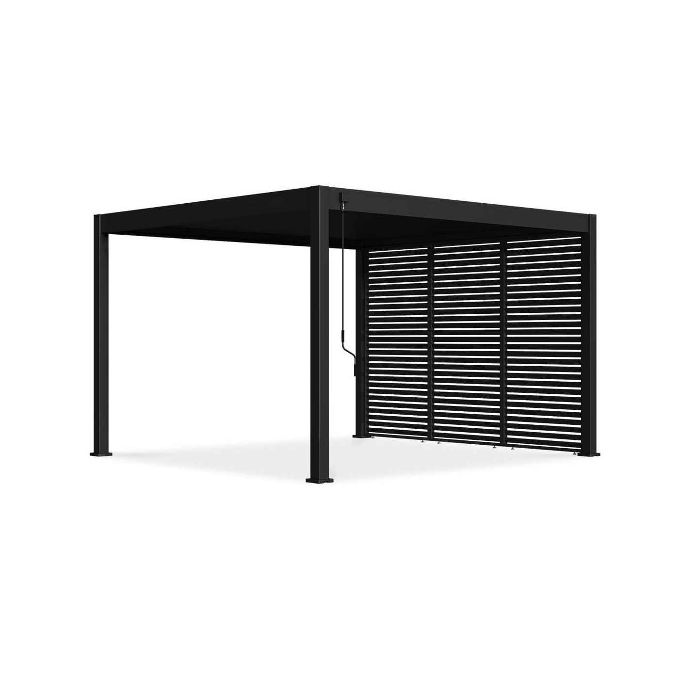 Trzy antracytowe panele żaluzjowe o szerokości 1,2 m zasłaniają jedną ze ścian pergoli