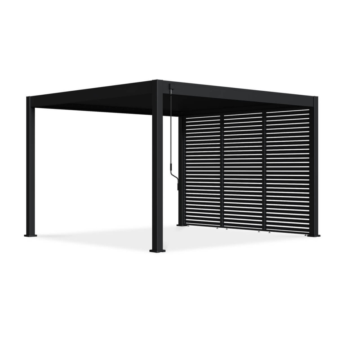 Trzy antracytowe panele żaluzjowe o szerokości 1,2 m zasłaniają jedną ze ścian pergoli