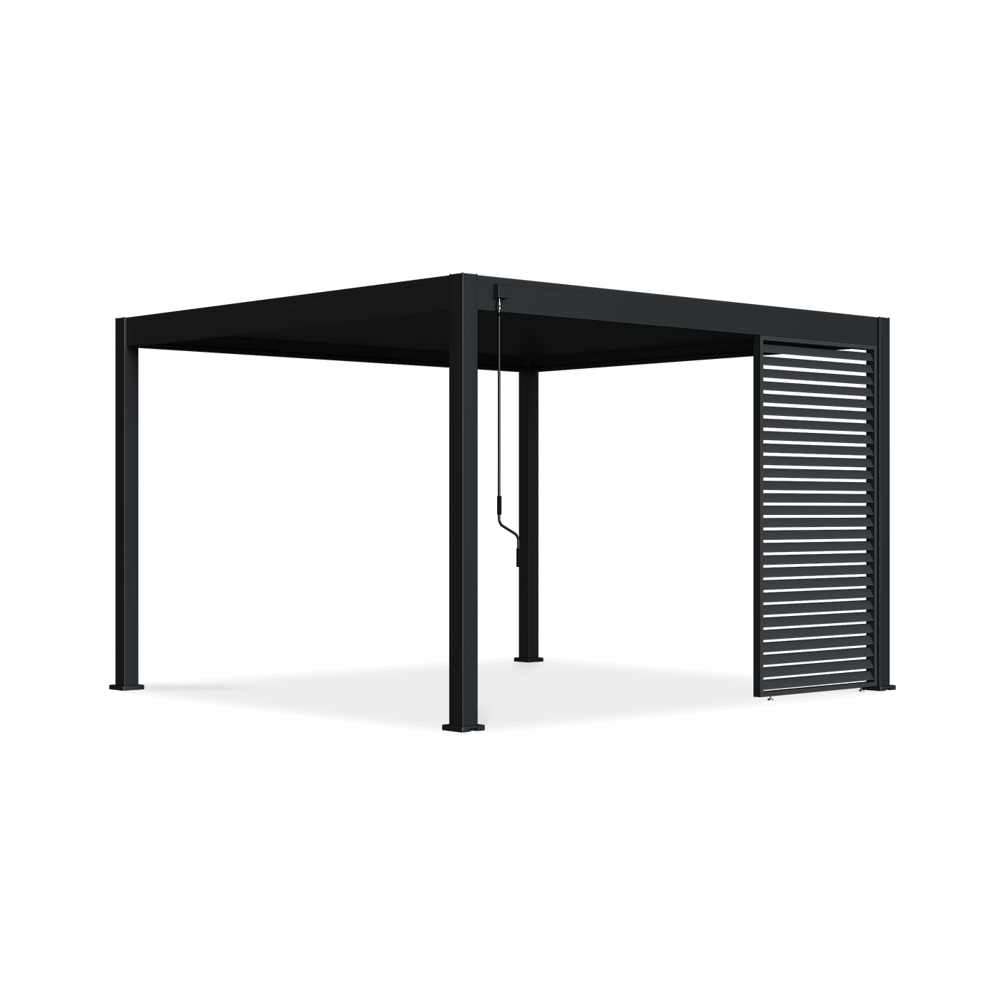 Pojedynczy antracytowy panel żaluzjowy poziomy przymocowany do pergoli