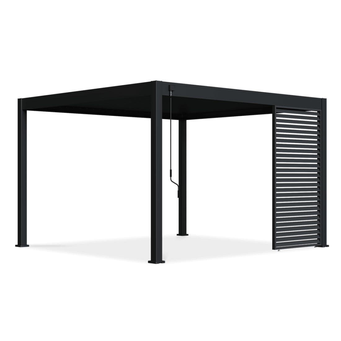 Pojedynczy antracytowy panel żaluzjowy poziomy przymocowany do pergoli