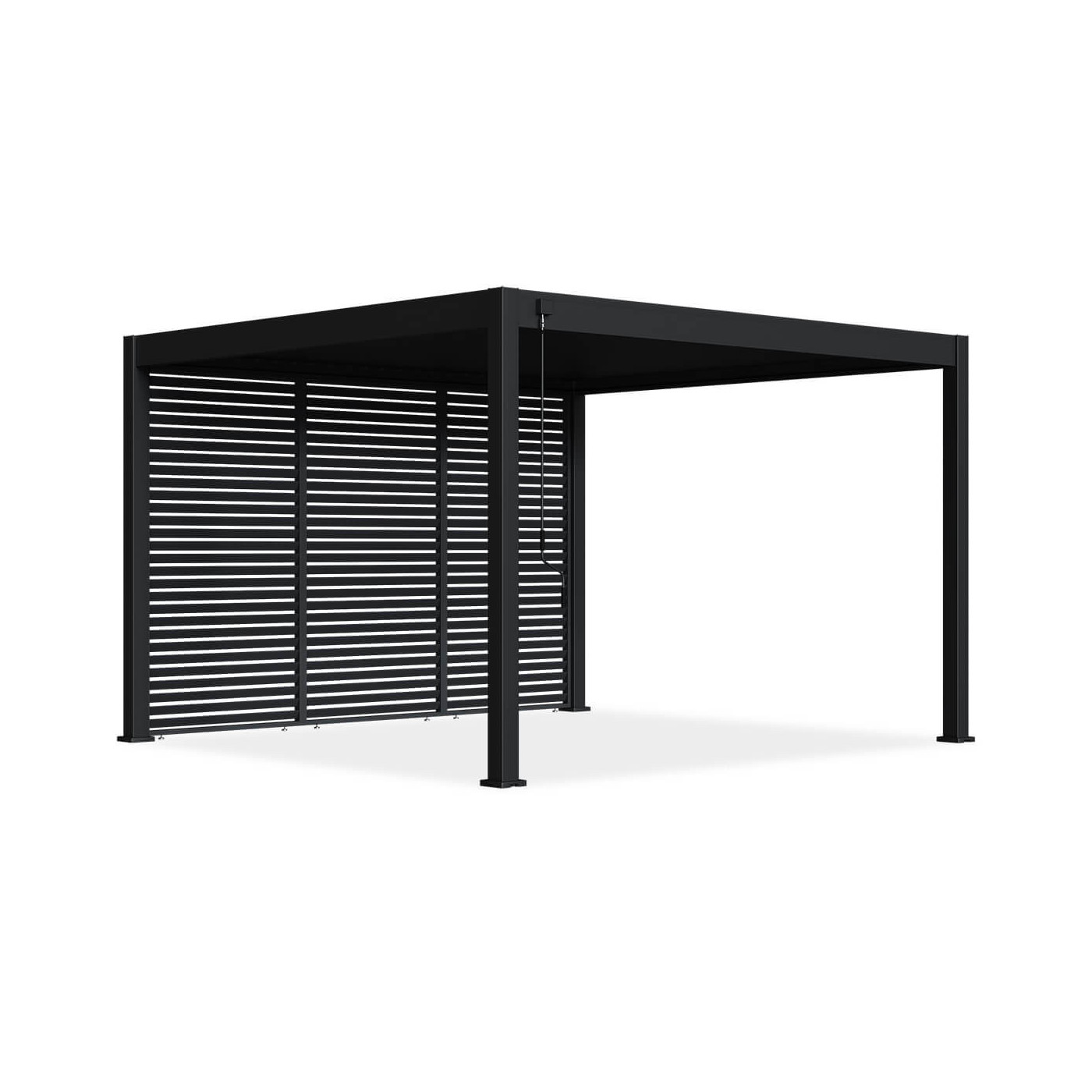 Trzy antracytowe panele żaluzjowe o szerokości 1,3 m zasłaniają jedną ze ścian pergoli