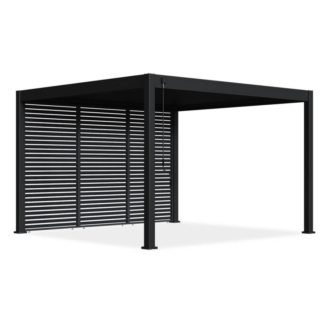 Trzy antracytowe panele żaluzjowe o szerokości 1,3 m zasłaniają jedną ze ścian pergoli