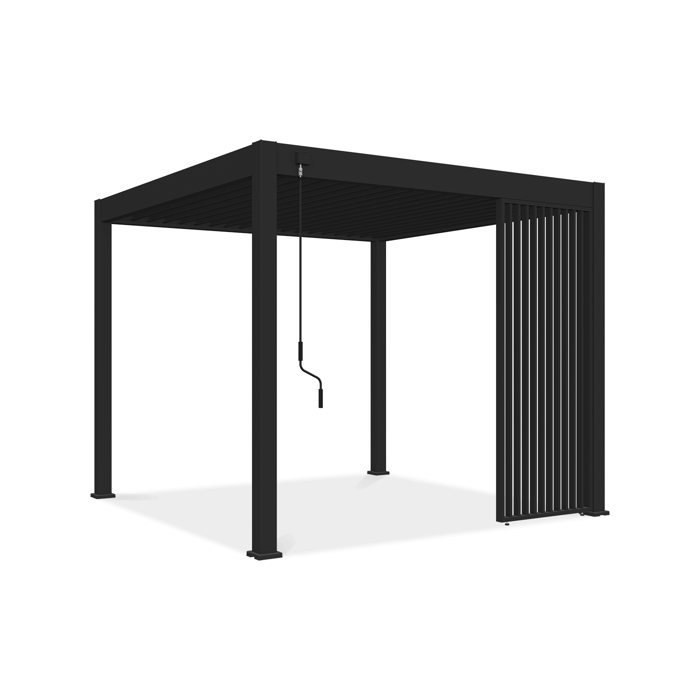 Pojedynczy antracytowy panel żaluzjowy pionowy przymocowany do pergoli