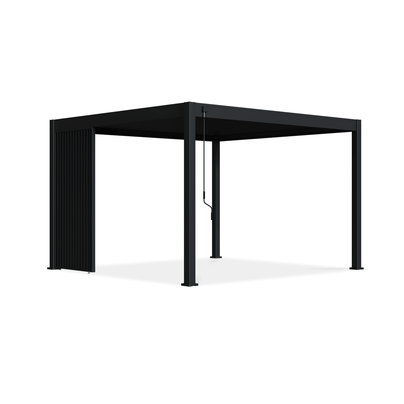 Pojedynczy antracytowy panel żaluzjowy pionowy przymocowany do pergoli 