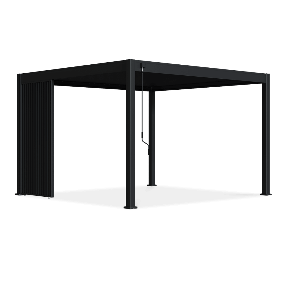 Pojedynczy antracytowy panel żaluzjowy pionowy przymocowany do pergoli 