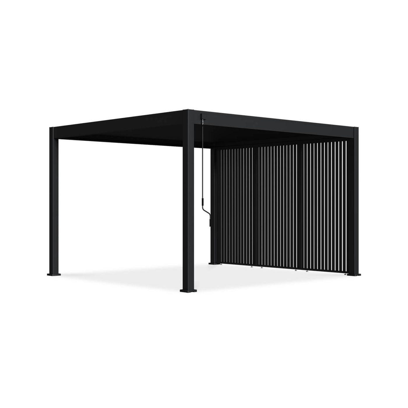 Trzy antracytowe panele żaluzjowe o szerokości 1,2 m zasłaniają jedną ze ścian pergoli