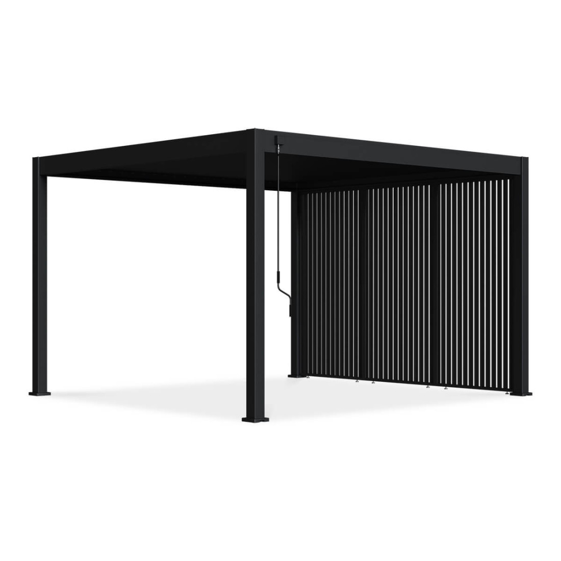 Trzy antracytowe panele żaluzjowe o szerokości 1,2 m zasłaniają jedną ze ścian pergoli