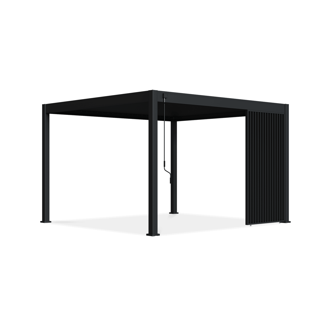 Pojedynczy antracytowy panel żaluzjowy pionowy przymocowany do pergoli