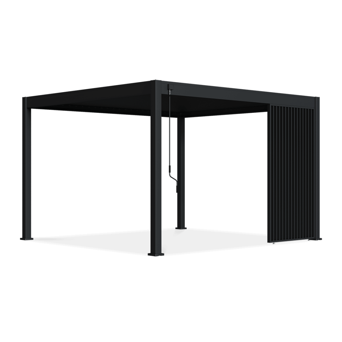 Pojedynczy antracytowy panel żaluzjowy pionowy przymocowany do pergoli