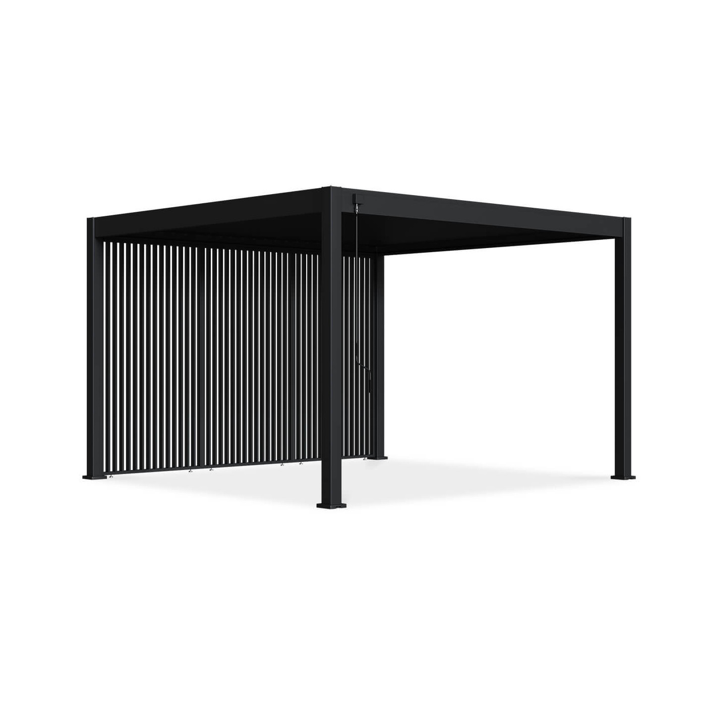 Trzy antracytowe panele żaluzjowe o szerokości 1,3 m zasłaniają jedną ze ścian pergoli