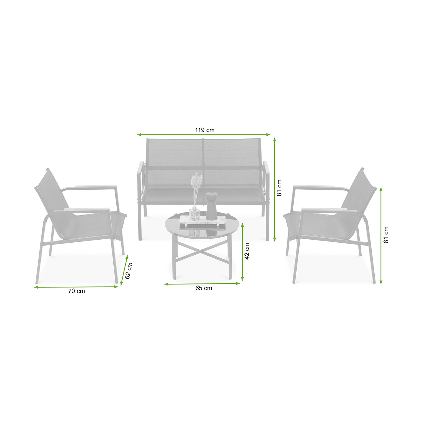 Wymiary produktów z kompletu ogrodowego MANGO CAFFE Black