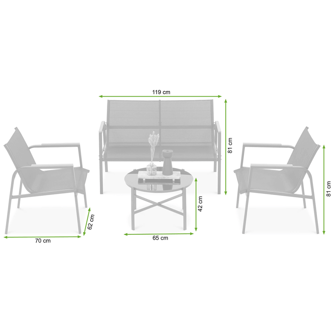 Wymiary produktów z kompletu ogrodowego MANGO CAFFE Black