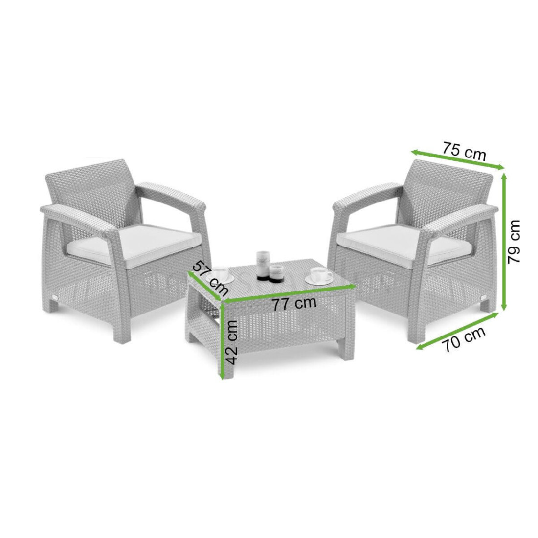Rzut z wymiarami kompletu ogrodowego Corfu Weekend w odcieniu Brown 