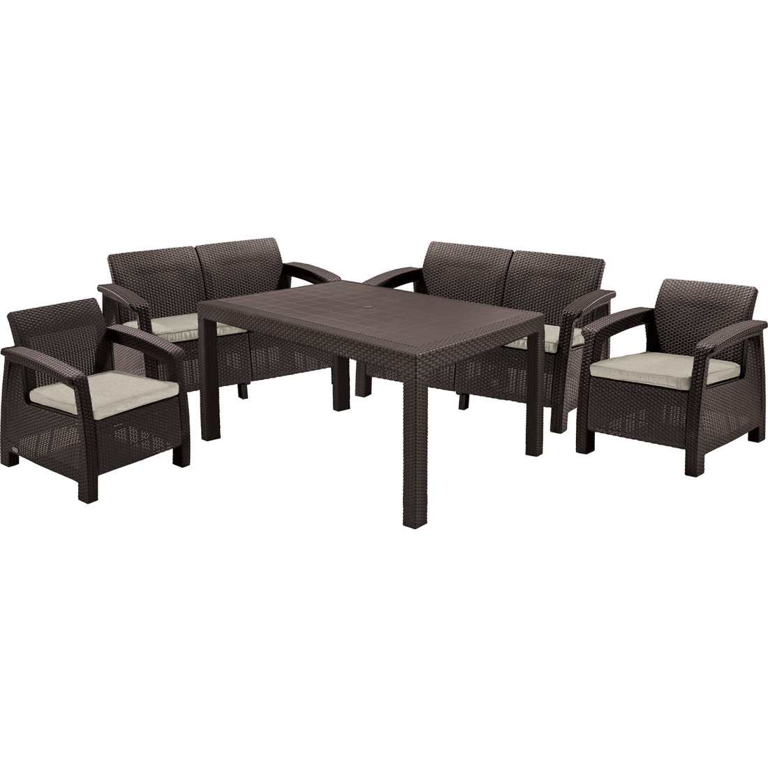 Zestaw mebli do ogrodu: dwie sofy, dwa fotele i jeden duży stół