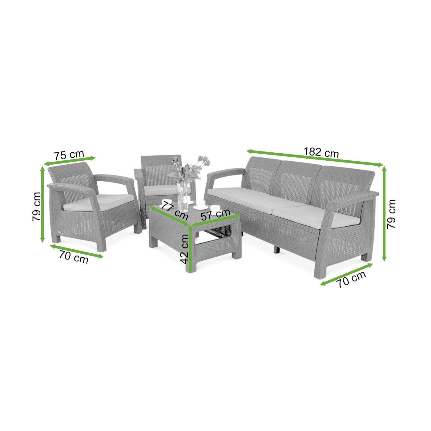 Wymiary zestawu mebli ogrodowych, sofa, dwa fotele, stolik, Corfu Set