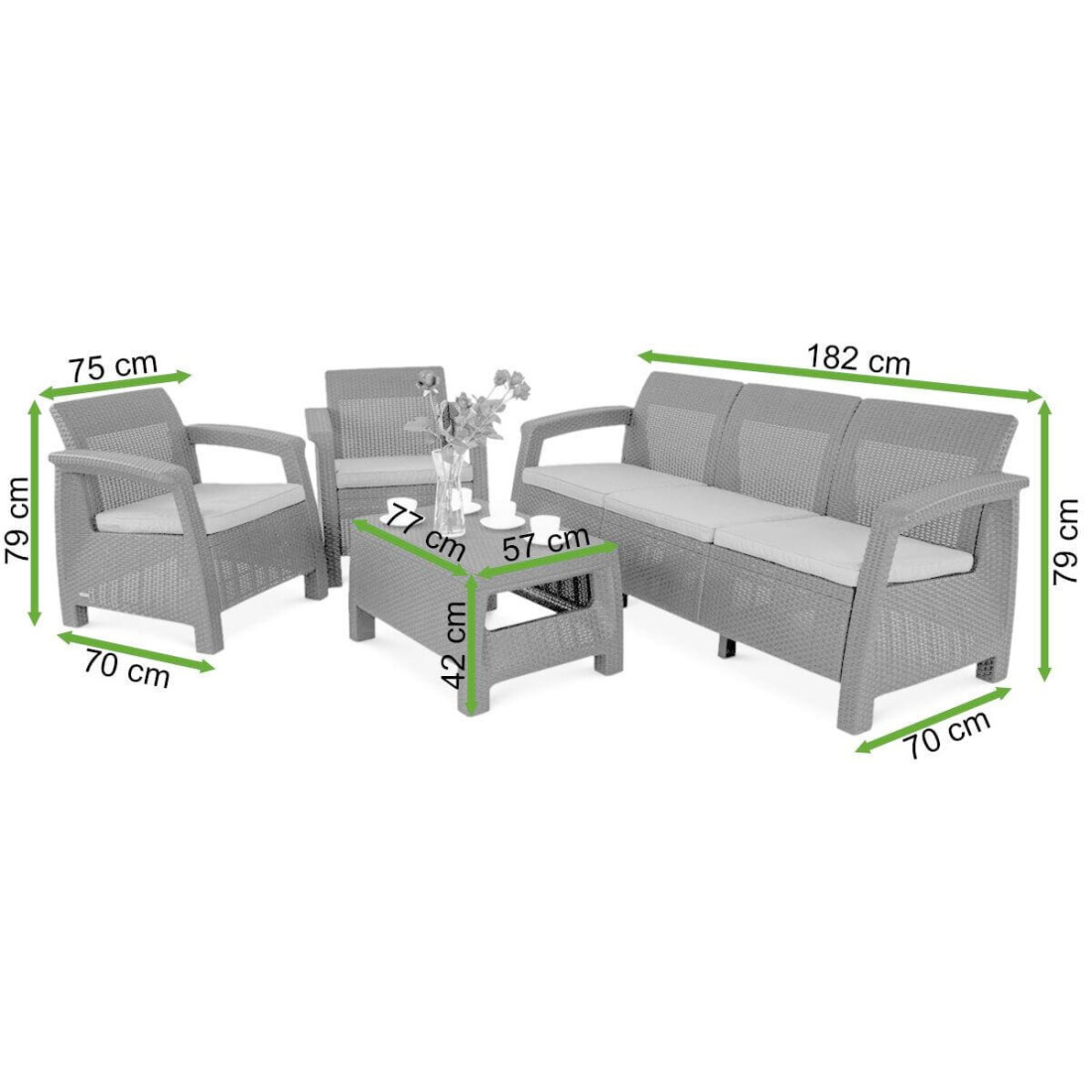 Wymiary zestawu mebli ogrodowych, sofa, dwa fotele, stolik, Corfu Set